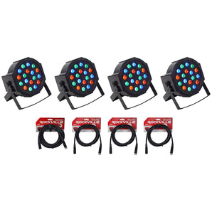 (4) Rockville RockPAR50 LED RGB Compact Par Can DJ/Club DMX Wash Lights+Cables