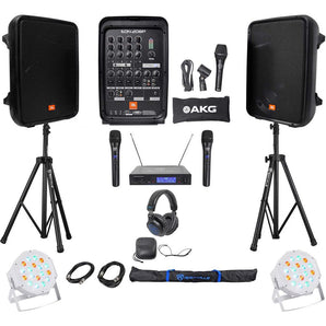 JBL EON208P 8" Powered Bluetooth Speakes +Mixer+Stands+Wireless Mics+Headphones