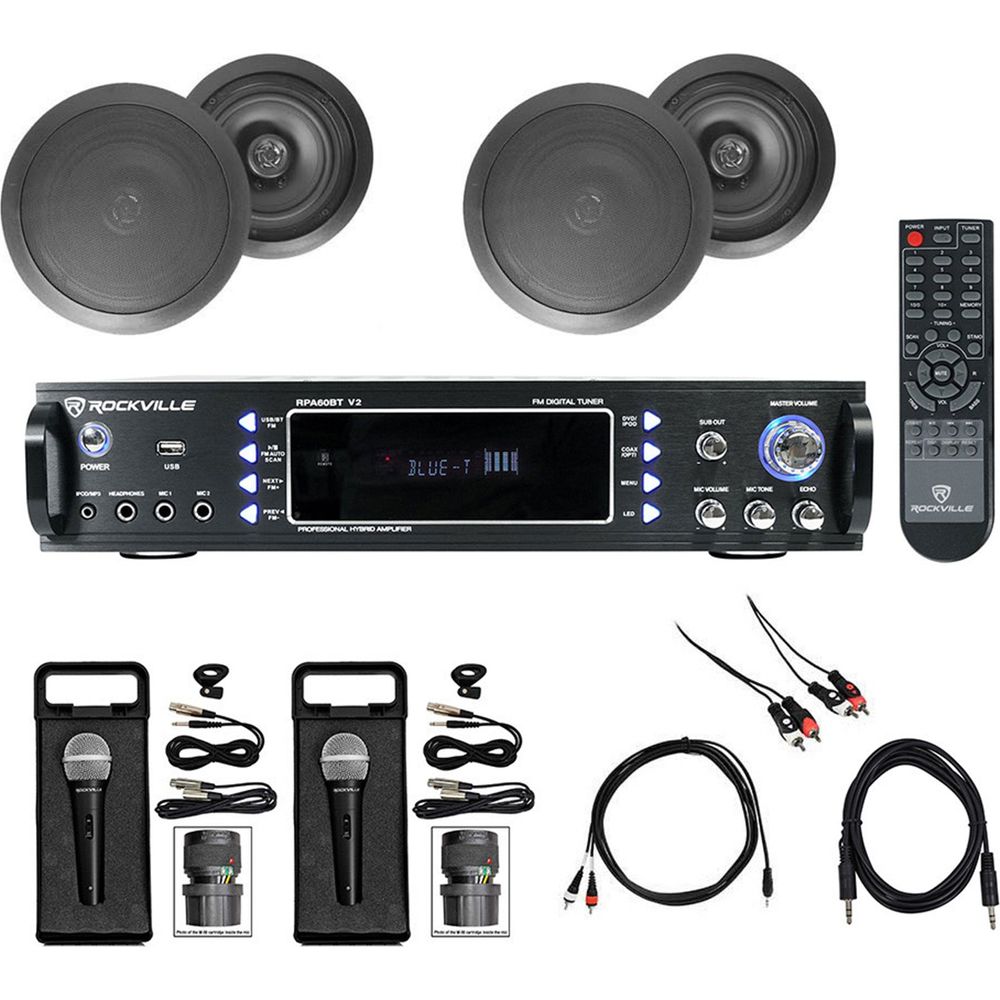 Karaoke Bluetooth Amp/Mixer + (4) 8" Black Ceiling Speakers + (2) Microphones