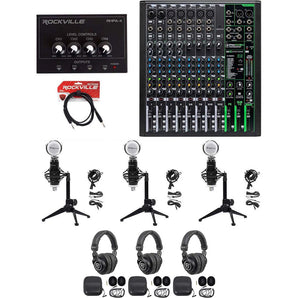3-Person Podcast Podcasting Recording Kit w/Mackie ProFX12 v3 Mixer+Desk Stands