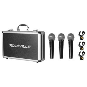 Rockville RMC-3PK 3 Pack Metal Wired Vocal/Instrument/DJ Microphones+Metal Case