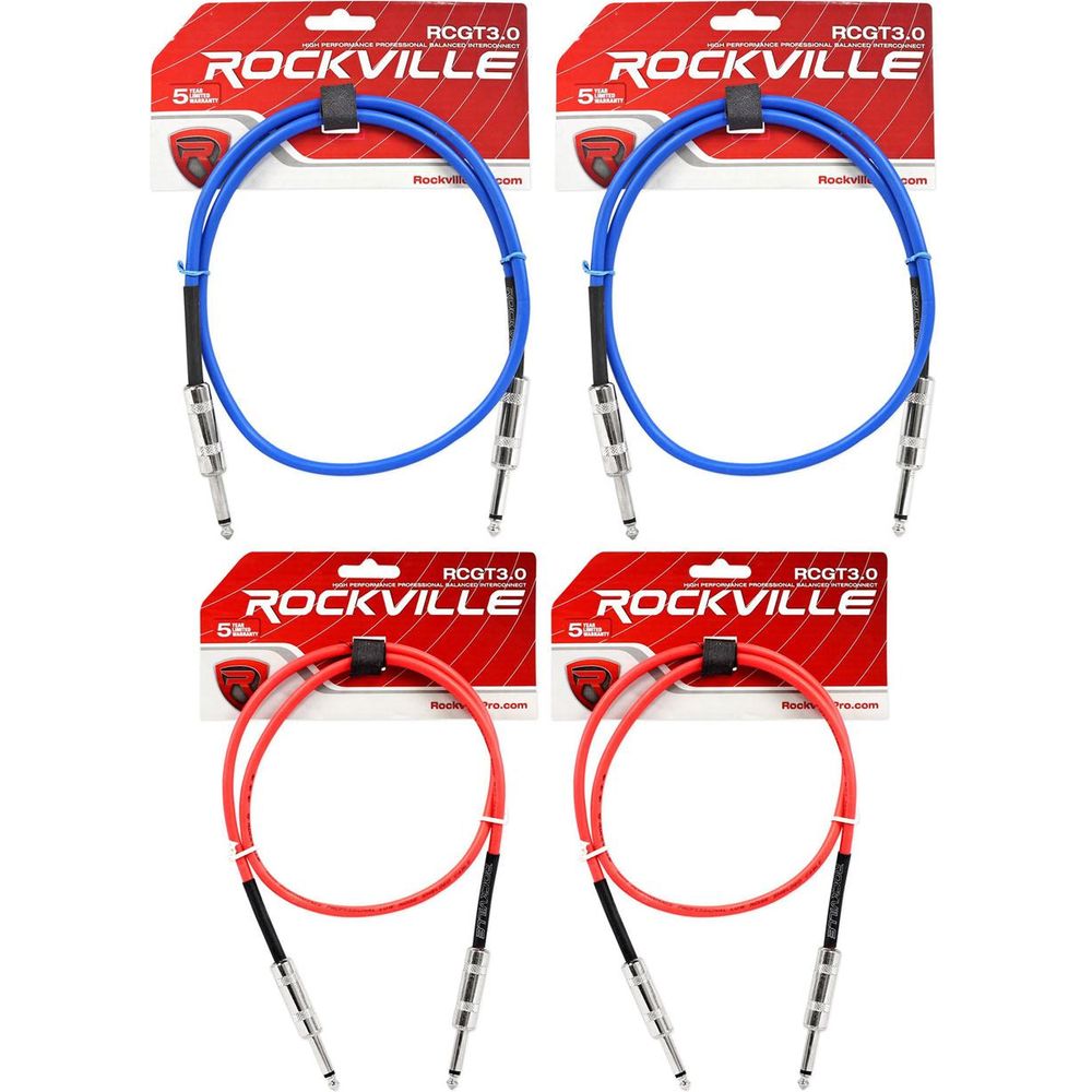 (4) 3' 1/4" TS to 1/4'' TS Guitar Cable (Blue and Red)