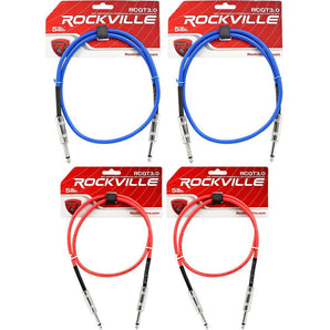 4 Rockville 3'  1/4" TS to 1/4'' TS Guitar/Instrument Cable (2 Red and 2 Blue)