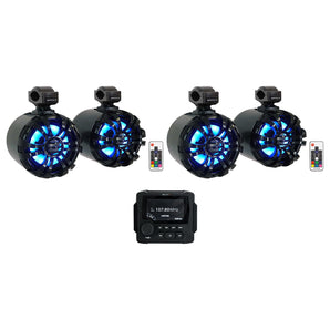 MB Quart GMR-LED Marine/Boat Bluetooth Receiver+4) Black 6.5" LED Tower Speakers