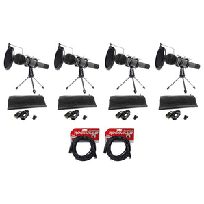 (4) Audio Technica Dynamic Podcasting Podcast Microphones+Stands+Pop Filters