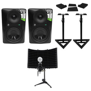 (2) Mackie MR524 5” 50w Powered Studio Monitors+Condenser Mic+Stands+Pads+Shield