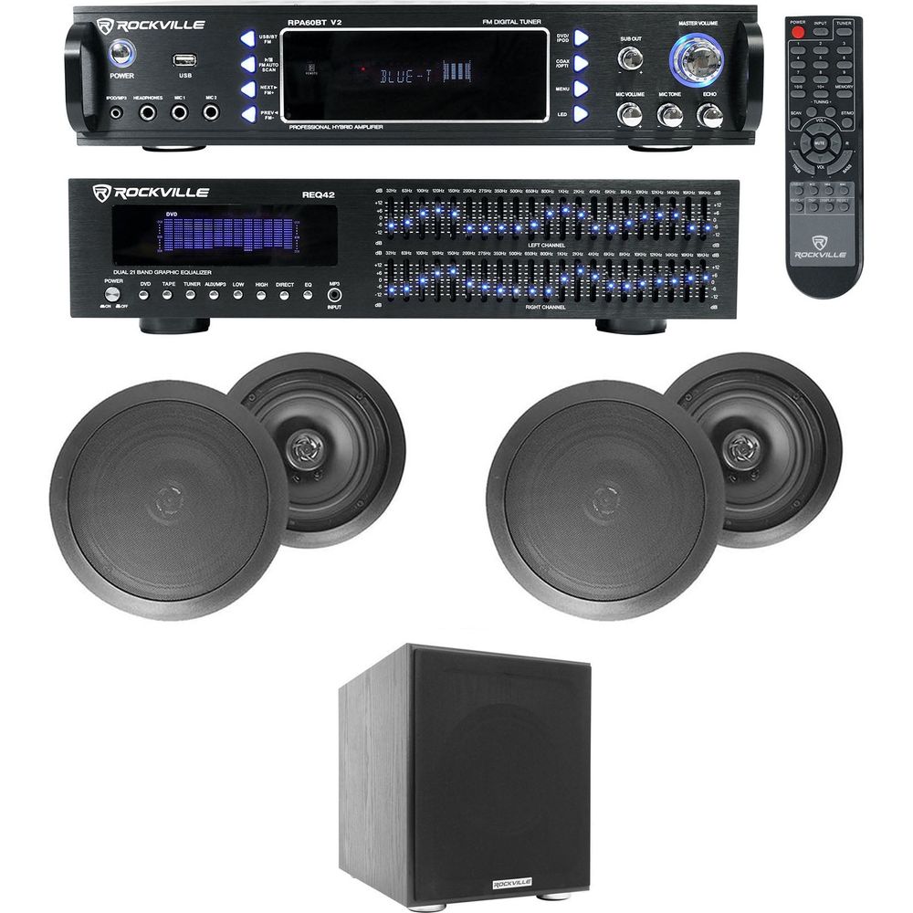 Home Theater Bluetooth Receiver+EQ+(4) Black Ceiling Speakers+8" Subwoofer