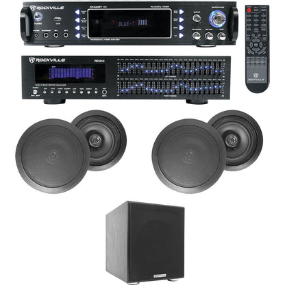 Home Theater Bluetooth Receiver+EQ+(4) Black Ceiling Speakers+8" Subwoofer