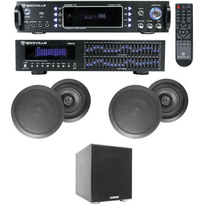 Home Theater Bluetooth Receiver+EQ+(4) Black Ceiling Speakers+8" Subwoofer