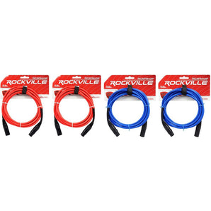 4 Rockville 10' Female to Male REAN XLR Mic Cable (2 Red and 2 Blue)