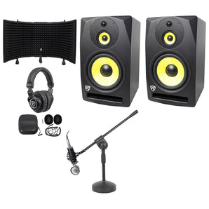 (2) Rockville DPM10B 10" 800w Active Studio Monitors+Headphones+Mic+Shield+Stand