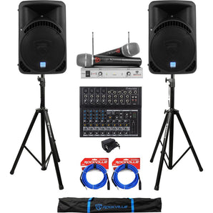 (2) Rockville RPG15BT 15" DJ PA Speakers w/Bluetooth+Mixer+Mic+Stands+Cables+Bag