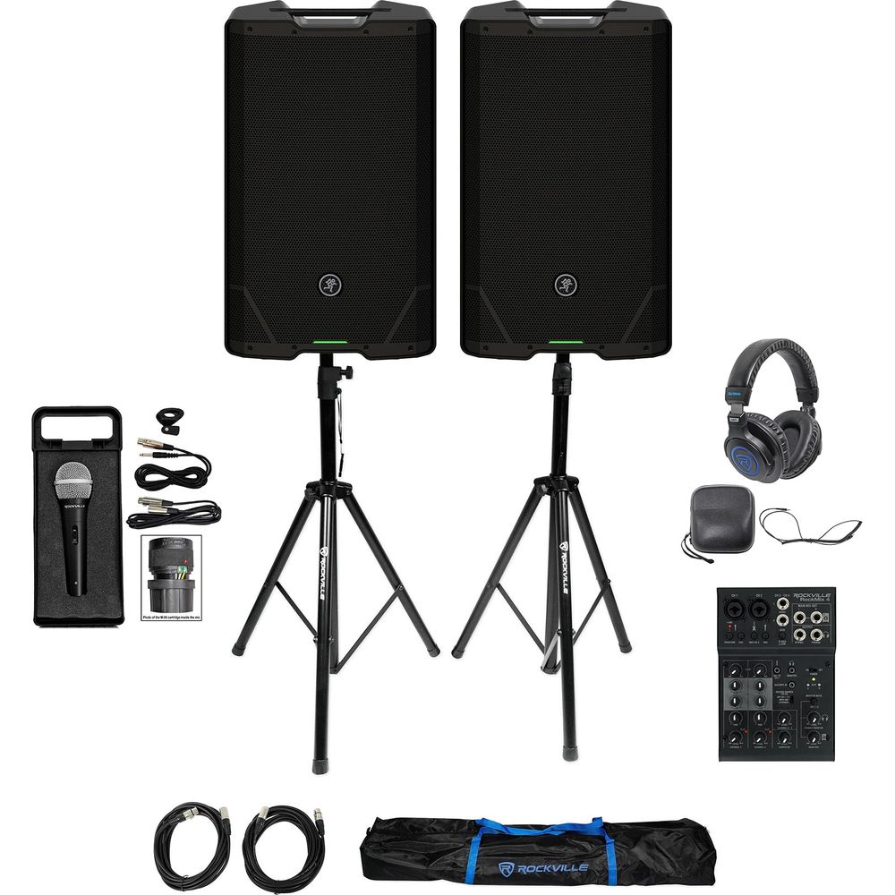 (2) SRT215 1600W 15in PA Speaker Bundle with Mixer, Stands & Headphones
