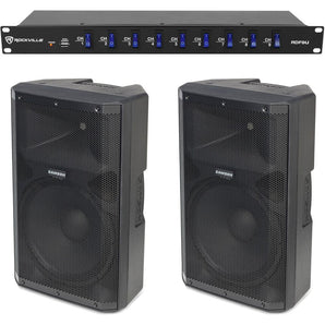 2) Samson RS115A 15" 400 Watt Powered DJ PA Speakers w/Bluetooth/USB+Power Strip