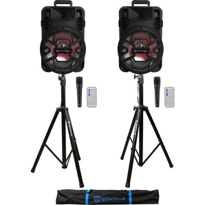 2) Technical Pro SPARK12B 12” Rechargeable Wireless Linking Speakers+Mics+Stands