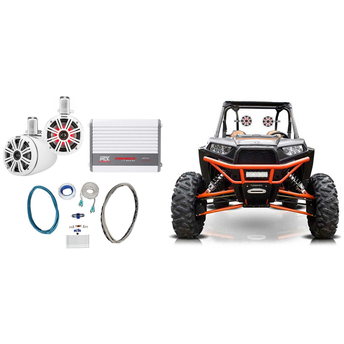 45KMTC65W 6.5" LED Tower Speakers + WET75.2 Amplifier + RMWK8 Wire Kit for RZR/ATV/UTV