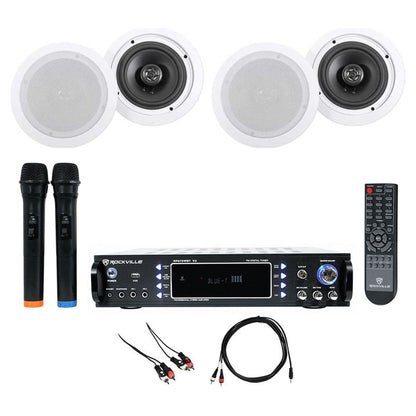 RPA70WBT Bluetooth Karaoke Amplifier+(4) 6.5" Ceiling Speakers+Wireless Mics+Cables