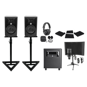 2 JBL 308P MkII 8" Active Studio Monitors+Stands+Subwoofer+Headphones+Mic+Shield