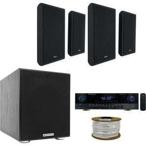 Rockville Amplifier+(4) RockSlim Black Home Theater Wall Mount Slim Speakers+Sub