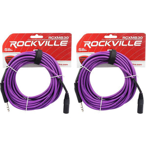 2 Rockville RCXMB30-P Purple 30' Male REAN XLR to 1/4'' TRS Balanced Cables