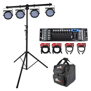 (4) CHAUVET SLIMPAR64 SLIM PAR 64 Wash DJ Up-Lights+Controller+Stand+Bag+Cables