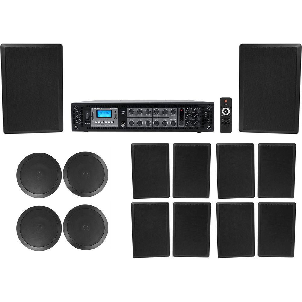 Commerical 6-Zone Amp+(4) 6.5" Black Ceiling+(10) Wall Restaurant/Bar Speakers