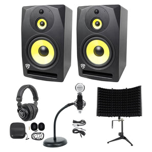 (2) Rockville DPM10B 10" 800w Studio Monitors+Headphones+Mic+Gooseneck Stand