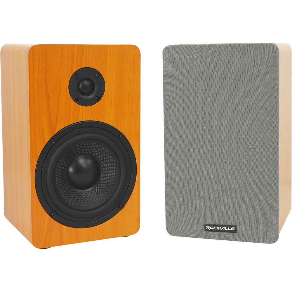 RockShelf 58C Wood 5.25" Home Bookshelf Speakers+8" Wood Stands
