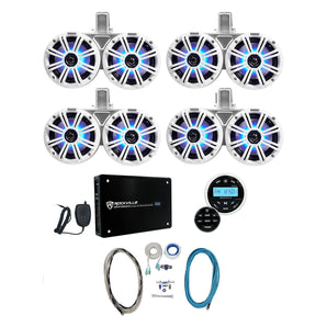 4) KICKER 45KMTDC65W Dual 6.5" Marine Wakeboard Tower LED Speakers+Receiver+Amp