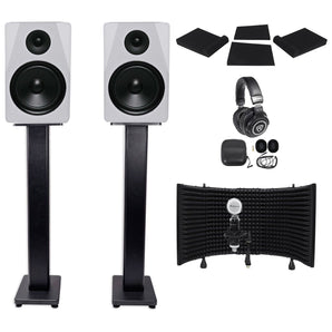 2) Rockville APM8W 8" 500w Studio Monitors+36" Stands+Pads+Headphones+Mic+Shield