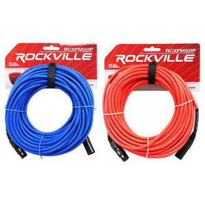 2 Rockville 50' Female to Male REAN XLR Mic Cable 100% Copper (Red and Blue)