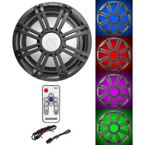 KICKER 45KMF104 10" Free Air Marine Subwoofer Sub+Charcoal Grille w/LED's+Remote