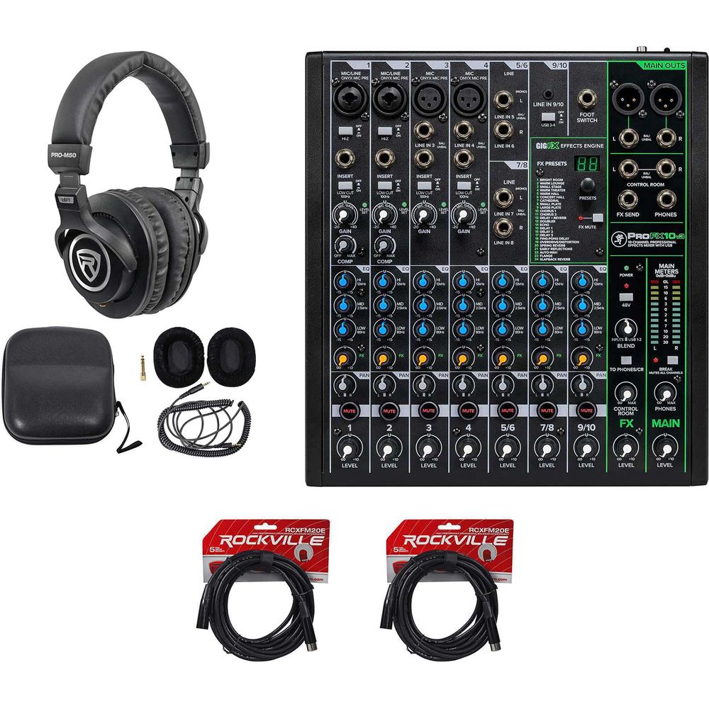 ProFX10v3 Mixer with Studio Headphones and Two XLR Cables