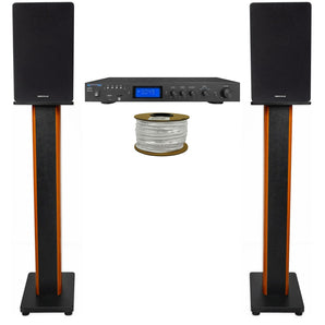 Technical Pro IA25U Receiver+(2) 6.5" Black Bookshelf Speakers+36" Wood Stands