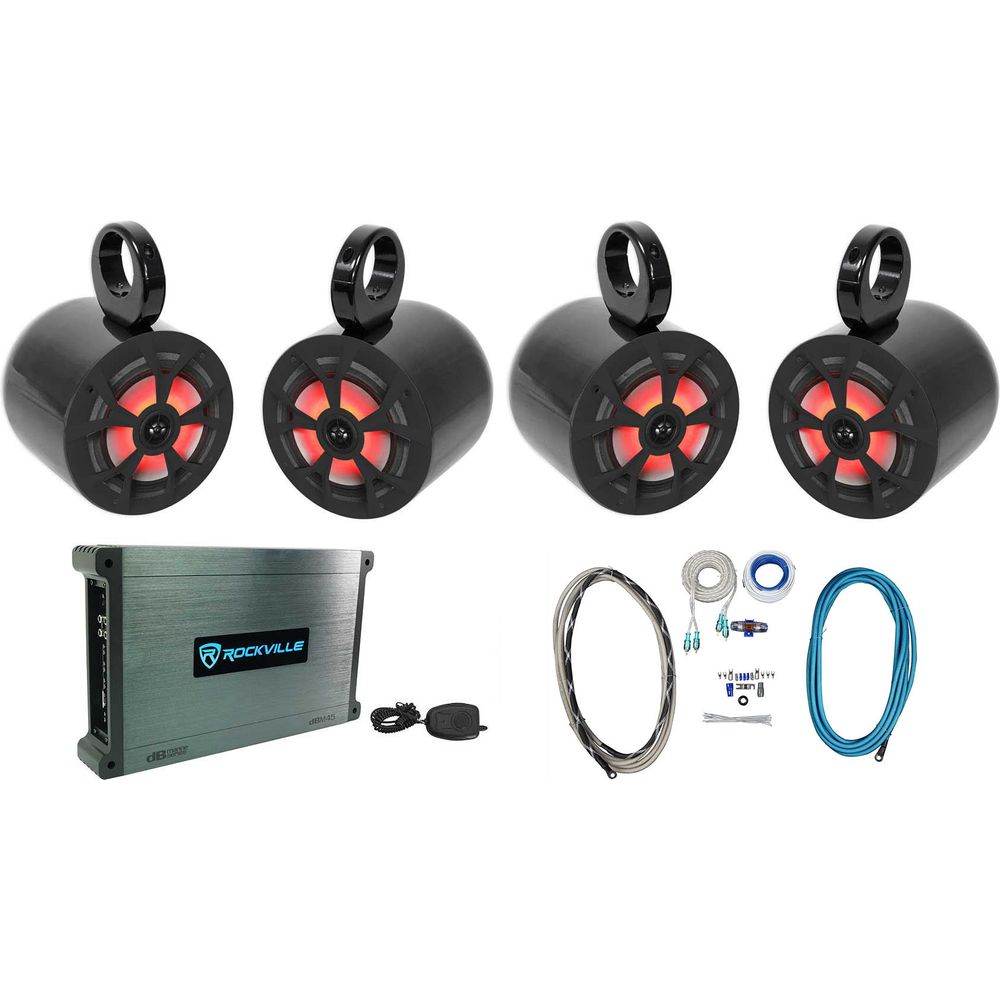 (4) RKL65MBW 6.5" Marine Boat Wakeboard Tower Speakers w/LED+Amplifier