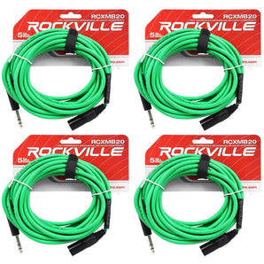 4 Rockville RCXMB20-G Green 20' Male REAN XLR to 1/4'' TRS Balanced Cables