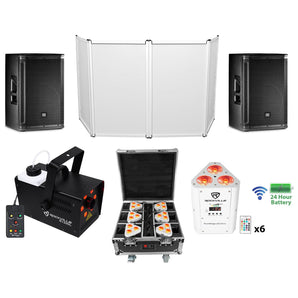 2) JBL SRX812P 12" 2000w DJ PA Speakers+(6) White Wireless Lights+Fogger+Facade