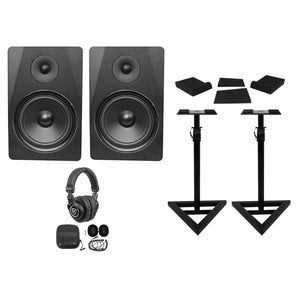 2) Rockville DPM8B 8" 600w Dual Powered Studio Monitors+Stands+Pads+Headphones