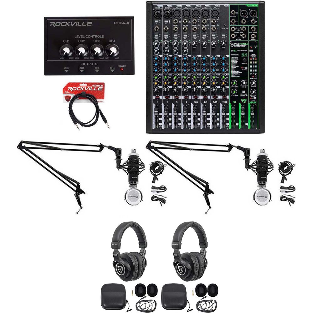 2-Person Podcast Recording Kit with ProFX12v3 Mixer and Boom Arms