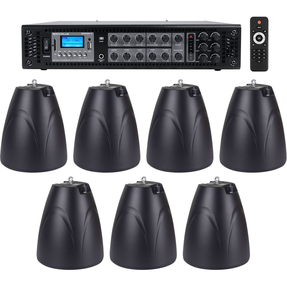 6-Zone Commercial Amp+7 Black Pendant Speakers For Restaurant/Bar/Cafe