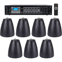 6-Zone Commercial Amp+7 Black Pendant Speakers For Restaurant/Bar/Cafe