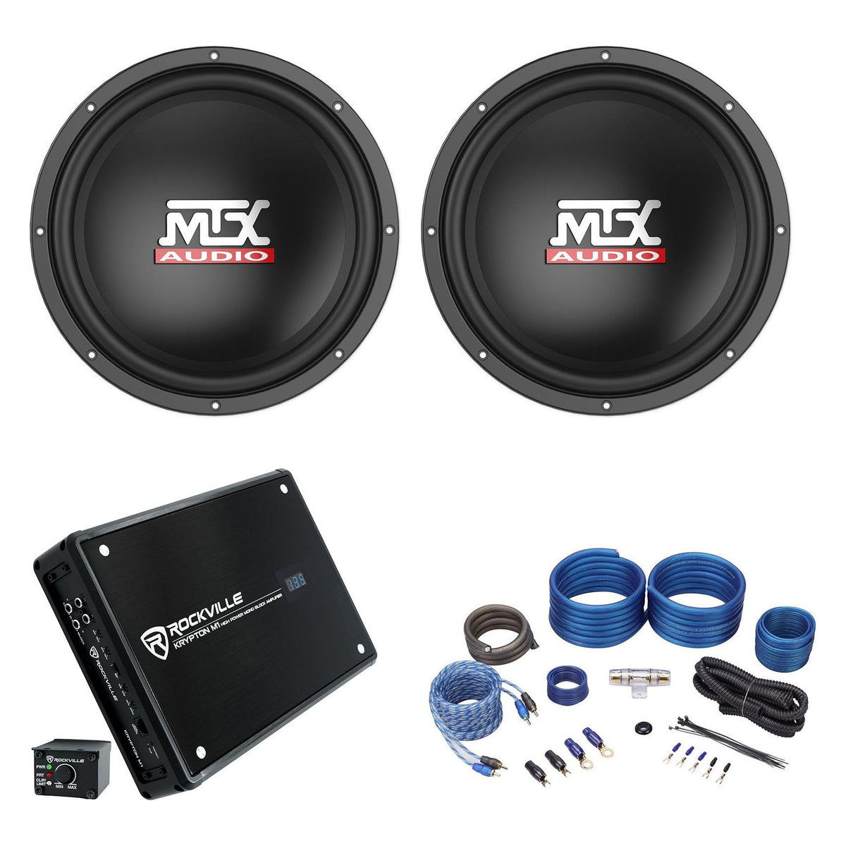 (2) MTX Terminator TN12-02 12" Subwoofers + Mono Amplifier + Amp Kit