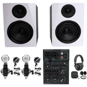 Rockville Recording Kit: 2) 6.5" White Studio Monitors+USB Mixer+Mics+Headphones