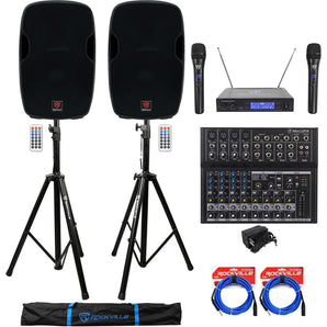 (2) Rockville BPA15 15" 1600w Active PA/DJ Speakers+Mixer+Mic+Stands+Cables+Bag