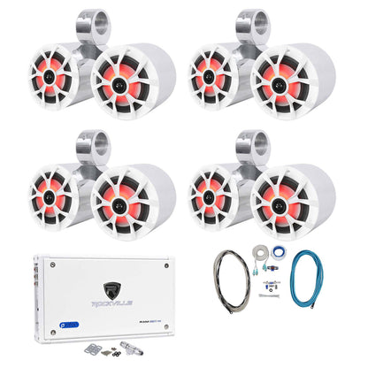 (4) RKL65MBW Dual 6.5" Marine Wakeboard LED Speakers+Amplifier+Amp Kit