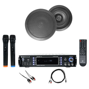 Rockville RPA70WBT Bluetooth Karaoke Amp/Mixer+2) 8" Black Ceiling Speakers+Mics