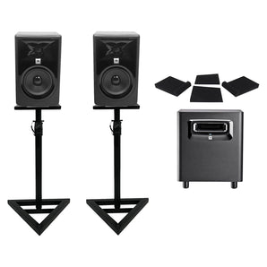 (2) JBL 308P MkII 8" Powered Studio Monitors+Stands+Pads+Powered Subwoofer Sub