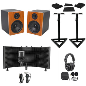 2) Rockville APM5C 5.25" Active Studio Monitors+Stands+Mic+Headphones+Iso Shield