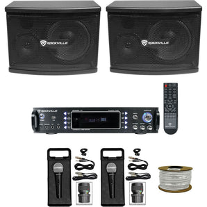 Pair Rockville KPS65 6.5" 400w Karaoke/Pro Speakers+Bluetooth Amplifier+(2) Mics + Rockville R14GSBR100 Red/Blk 14 Gauge 100' Ft. Mini Spool Car Audio Speaker Wire