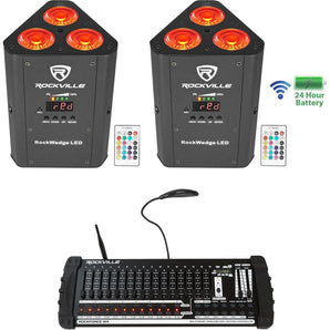 (2) Rockville RockWedge LED Battery Lights+384 Channel Wireless DMX Controller